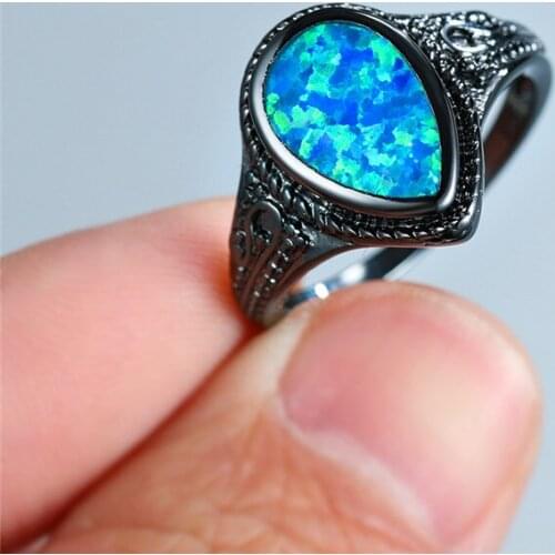 Fashion Water Drop Engagement Ring Female Blue Opal Stone Ring Vintage Black Gold Wedding Rings For Women Luxury Bridal Jewelry