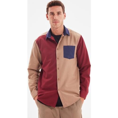 Trendyol Men 'S Regular Fit Shirt Collar Single Pocket Long-Sleeve Color Block Shirt TMNAW22GO0388