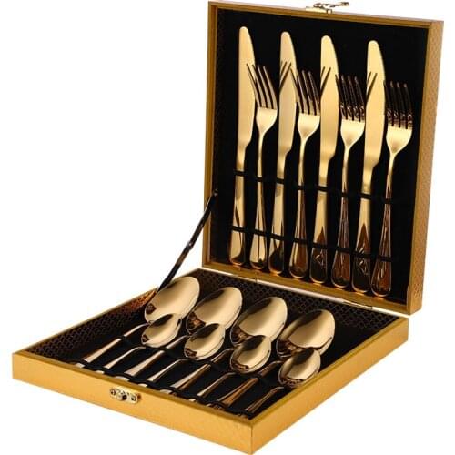 Spklifey Gold Cutlery Set Stainless Steel Knife Fork Set Luxury Dinnerware Set 16 Pcs /12 Pcs Cutlery Set Wood Gift Box