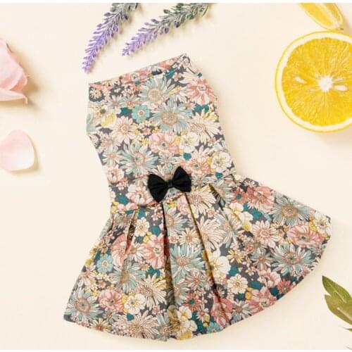 New Style Pet Clothes Flower Pattern Autumn cotton Breathable Pet Cat Princess Dress Bowknot Pet Dress for Summer