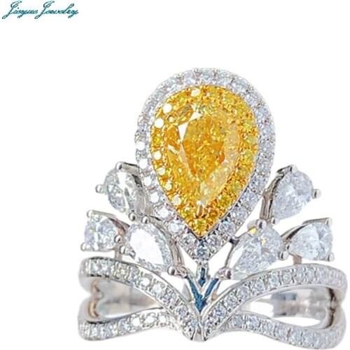 New Luxury Crown Rings With Water Drop Yellow Crystal Zircon High Grade Jewelry For Women Wedding Party Exquisite Accessories