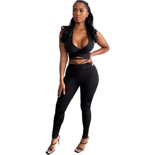 Bandage Top Pant Suits Fashion Backless Halter Neck Sleeveless Crop Top Bandage Pants 2 Two Piece Set Club Outfits Matching Sets