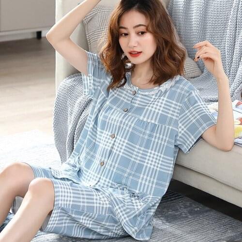2021 New Arrival Home Night Sleep Top Plaid Cartoon Printed Lace Pockets Pajamas Mujer 2 Piece Loose Casual Blue Home Lougewear