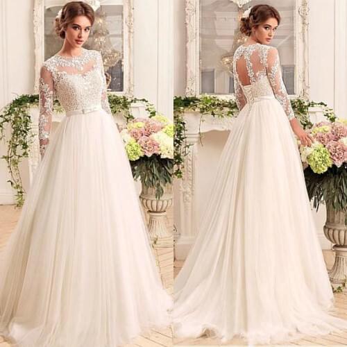 New Hot Long Sleeve Wedding Dress See Through Appliques A-Line Tulle Gowns Court train Lace up Bridal Gowns Vestidos De Noiva