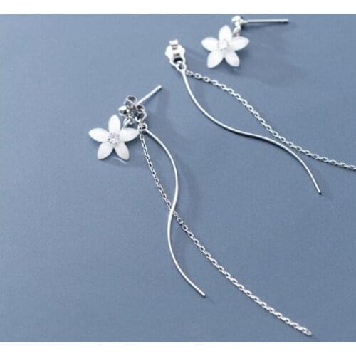 Authentic Real 100% 925 Sterling Silver fine Jewelry CZ Shell five-petaled flowers Wave Long Earrings Tassel C-G2171