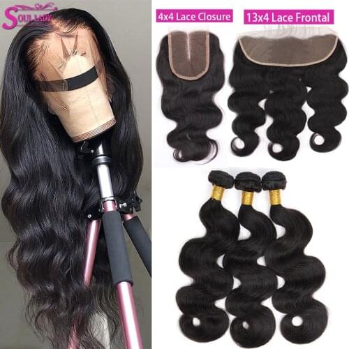 Soul Lady 4x4 Body Wave Bundles With Closure Peruvian Hair Bundles With Closure 13x4 BodyWave Bundles With Frontal Double Weft