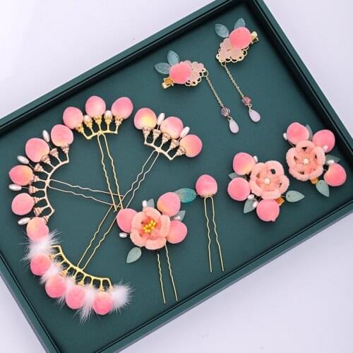 New Lovely Pink Peach Tiaras Hairpins Green Leaf Hair Clips For Children Girls Kids Hair Accessories Pearls Cute Hairgrips