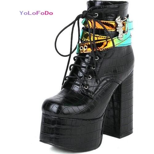 2021 Autumn Winter Women Ankle Boots Platform Square High Heel Ladies Motorcycle Boots PU Leather Square Toe Womens Boots Black