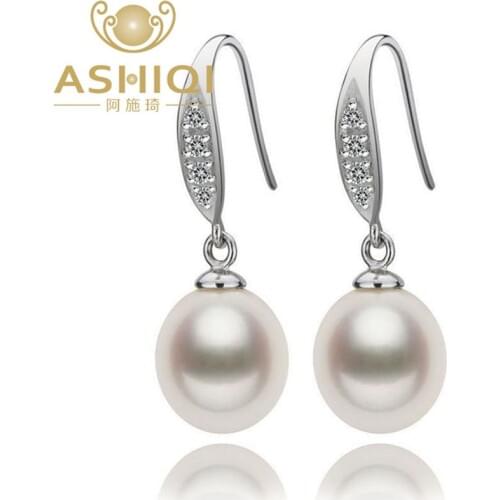 ASHIQI Vintage Natural Freshwater Pearl Drop Earrings 925 Sterling Silver Zircon Wedding jewelry For women 2019