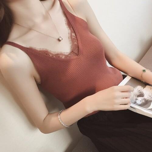 Sexy Women Plain Camisole Lace Splicing Double V-neck Vest Slim Sling Tank Tops Knitted vest 7 colors available