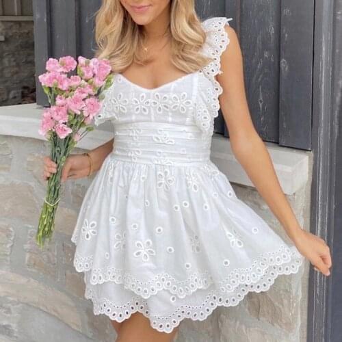 TEELYNN White Floral Embroidery Lace Mini Dresses For Women Party vestidos Vintage Ruffles Sexy Backless Short Dress Summer Boho
