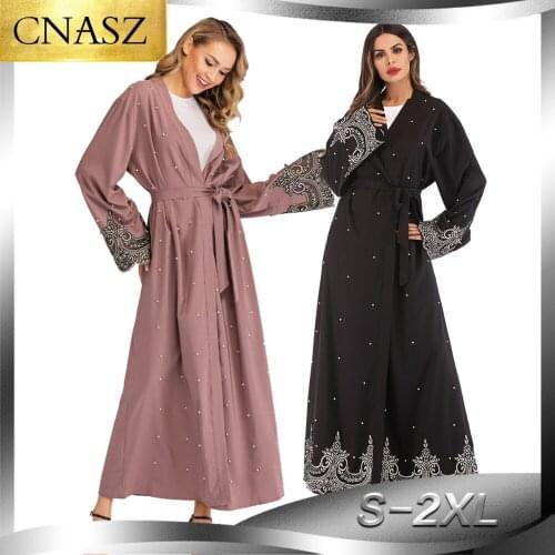 Plus Size Robe Malaysia Abaya Dubai Kaftan Women Beading Pearl Lace Kimono Cardigan Muslim Hijab Dress Turkish Islamic Clothing