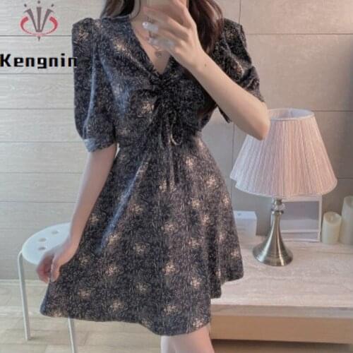 Oversized Womens Dresses 2021 Summer Korean Chic Vintage Ladies Vestidos Dress V-Neck Draw String Print Flowers Robe KE1040