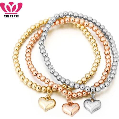 3pcs Women Heart Charm Bracelets Bangles For Women Elastic Beads Chain Bracelet 3 Colors Charms Friend Lover Jewelry Gifts