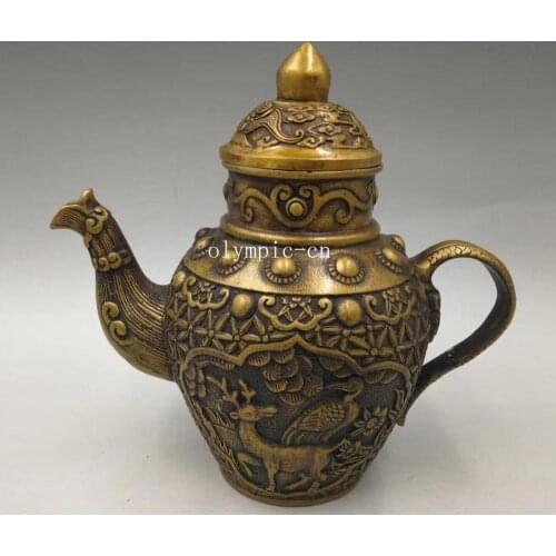 17cm bronze copper brass carvings flower animal deer design cup jar teapot pot
