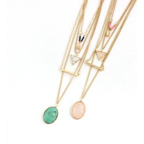 FYJS Unique Light Yellow Gold Color Multi Layer Rose Pink Quartz Pendant Link Chain Necklace Green Turquoises Stone Jewelry