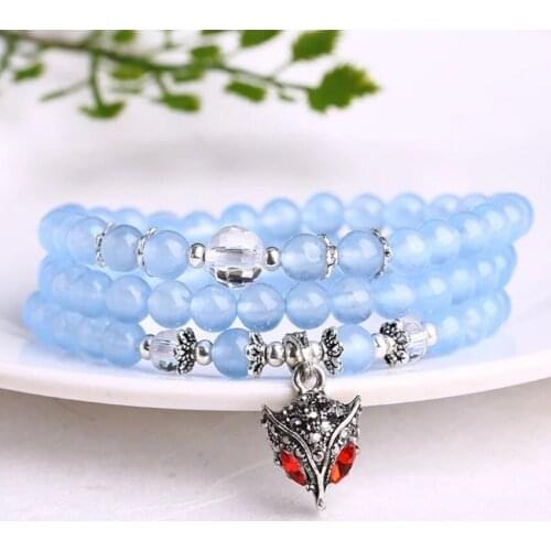 FYJS Unique Handmade Weave Blue Crystal Round Beads Lovely Fox Bracelet Red Agates Silver Plated Jewelry