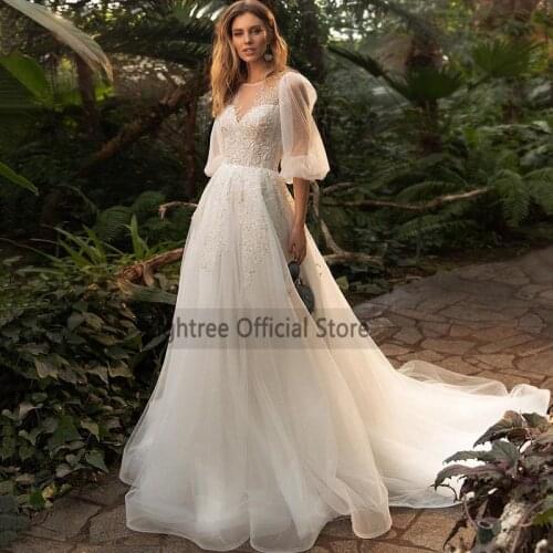 Eightree Hot Sell Beads White Wedding Dress 2021 A Line Vintage Bridal Dresses V Back Sweep Trian Country Wedding Gowns