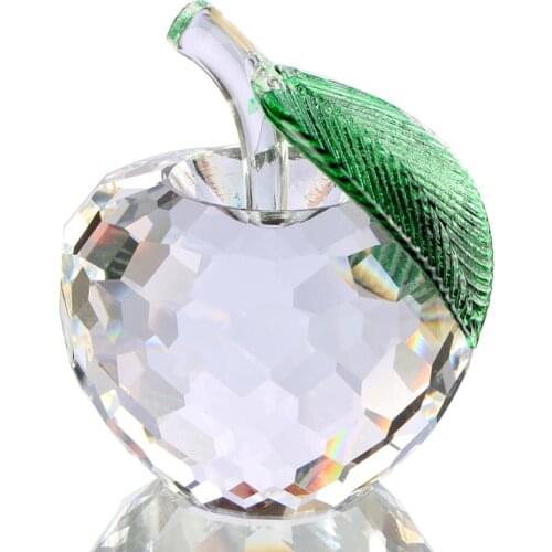 Faceted Crystal Apple Figurine Paperweight Hand Blown Glass Leaves Blessing Apple Statue Christmas Gift Home Decor(4*3.2inches)