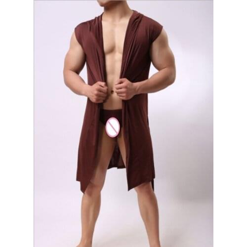 Men Summer Dress Bath Robe Sexy Pajamas Sleepwear Sleeveless Hooded Casual Kimono Bathrobe Nightgown Robe Solid Color