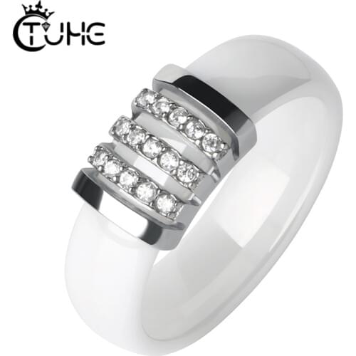 Fashion Black White Unique Rings Women 6mm Ceramic Ring For Women Pave Crystal Comfort Wedding Rings Engagement Brand Jewelry