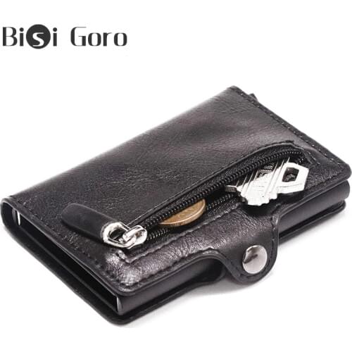 BISI GORO Rfid Button Wallet Men Money Bag Mini Purse Male Aluminium Card Wallet Small PU Leather Wallet Thin Purse Portemonnee