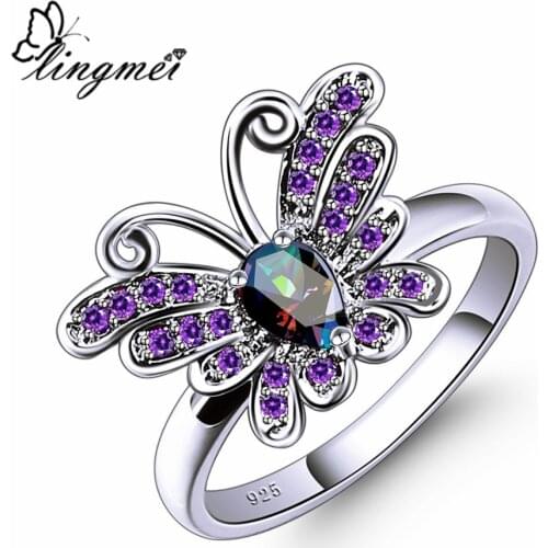 Lingmei New Butterfly Design Marquise Multi Purple & Pink White CZ Silver Color Ring Size 6 7 8 9 Beautiful Women Jewelry