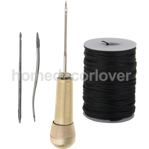 Copper Handle Sewing Awl Hand Stitcher with 1.2mm Black Line Waxed Thread for Leathercraft