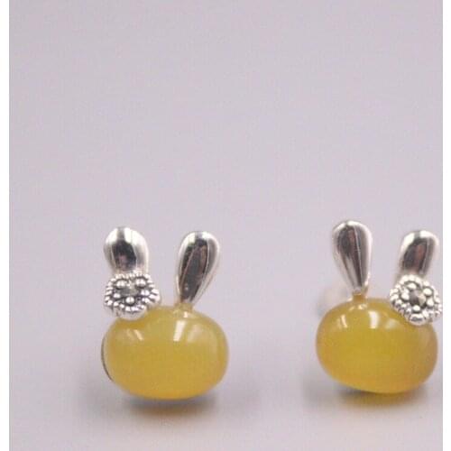 Real Silver 925 Earrings Stud For Women Female Girl Gold Korean Yellow Chalcedony National Style Rabbit Stud Earrings Gift
