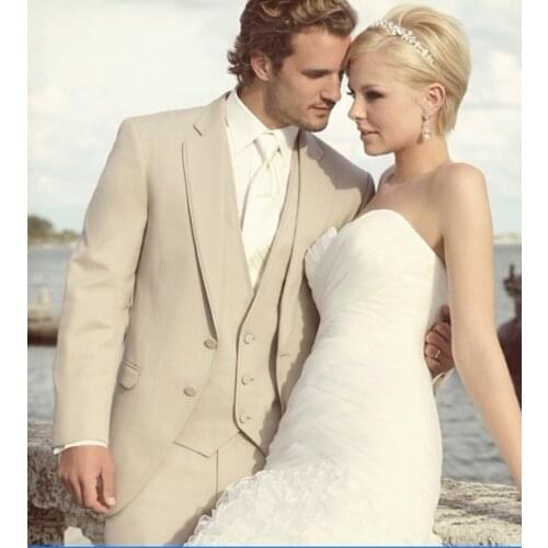 New Arrival Mens Suits Groomsmen Notch Lapel Groom Tuxedos Beige Wedding Best Man Suit (Jacket+Pants+Tie+Vest) B673