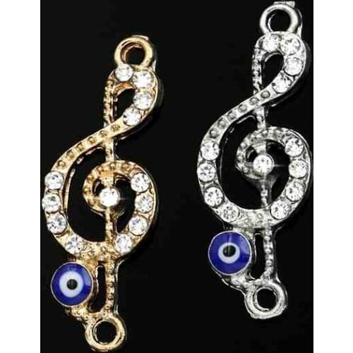 Silver Plated Crystal Music Note Evil Blue Eye Connectors fit Jewelry Making Bracelet Accessories DIY Craft 32x11mm