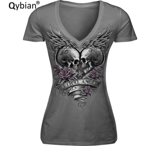 Qybian 2021 Newest women T shirts v-neck casual short sleeves skull printed top tees cool summer clothing