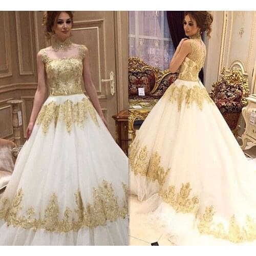 Luxury Plus Size Gold Lace Wedding Dresses Arabic Appliqued Tulle High-Neck Ball Gowns Bridal Dress Custom Made
