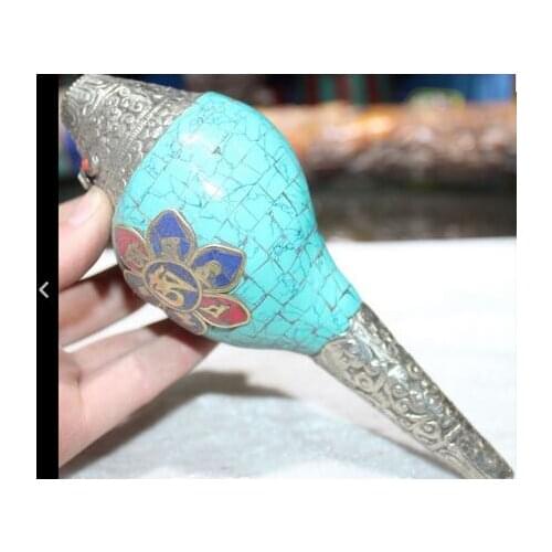 Fairy Decorative Handmade Tibet Silve Tibetan Turquoise Silver Scripture Words musical instrument Conch Horn Trumpet Statue