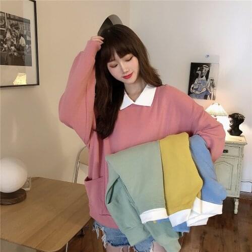 Autumn Oversized Women Turn-down Collar Sweatshirts Kawaii Long-sleeved Lapel Small Fresh Pullover Hoodies Femmes Sweetshirts