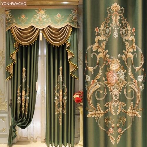 Custom curtains new European living room dark green villa palace American retro cloth blackout curtain valance tulle drape C880