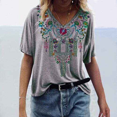 2021 Summer Women T Shirts Loose Oversized Female Tops Loose Casual V-neck Short Sleeve Printing T-shirt Streetwear #T2P