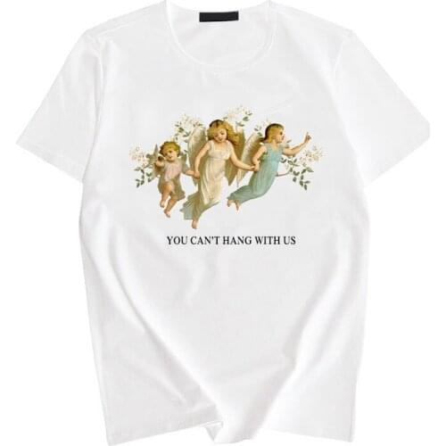 You Cant Hang with Us Three Angels Summer Womens Fashion Large Size Loose Harajuku Casual Fun T-Shirt Cartoon Letter Print Tops