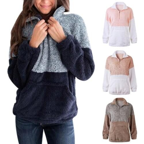 Women Fashion Pocket Zipper Blouse Woolen Coat Long Sleeve Casual Warm Winter Autumn Loose Tops