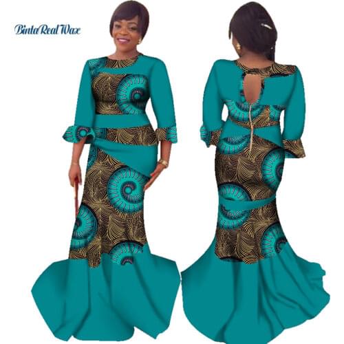 Bazin Riche African Print Long Dresses for Women Patchwork Backless Clothes Traditional Plus Size African Women Clothing WY2716