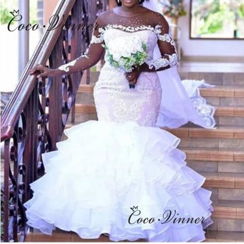 Long sleeves Sexy Illusion Wedding Gown Africa New Pretty Lace appliques With Beading Women Bride Dress Pure White W0844