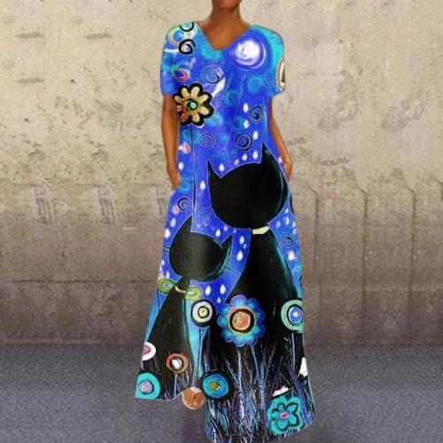 Summer Dresses For Women 2021 Plus Size Fashion Women Plus Size Print Daily Casual Short Sleeve Flower And Cat Round Neck Dress