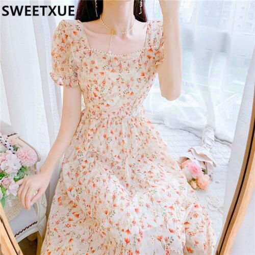 SWEETXUE French Puff Sleeve Dress Embroidered Beaded Chiffon Sweet Chic Floral Fashion Dress Women Vestidos
