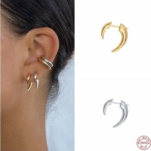 BOAKO 925 Sterling Silver Bohemian Moon Stud Earrings for Women Tribal Style Ox Horn Crescent Ear Stud Huggies Fine Jewelry Gift
