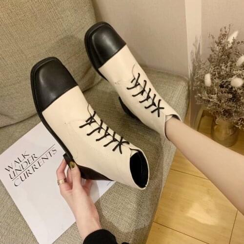 Color-Blocking Lace-Up Square Toe Short Tube Ladies Martin Boots Spring And Autumn Korean Style Flat Comfortable Single Boots
