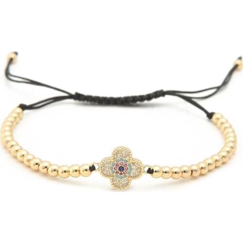 Gold silver micro pave cz Cubic Zirconia rope adjusted Copper Beads Bracelet clover u6u5 Charm Braided Bangles Women