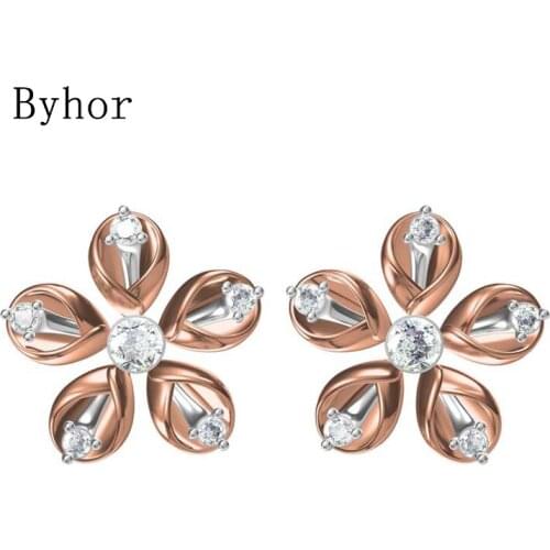 Byhor Solid 14K White/Yellow+White/Rose+White Gold 0.2ct H/SI Natural Diamonds Flower Stud Earrings Women Cерьги Fine Jewelry