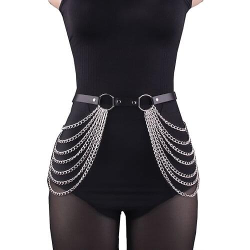 PU Leather Waist Chain Belly Body Chain Jewelry Punk Sexy Black Belt Body Harness for Halloween Party
