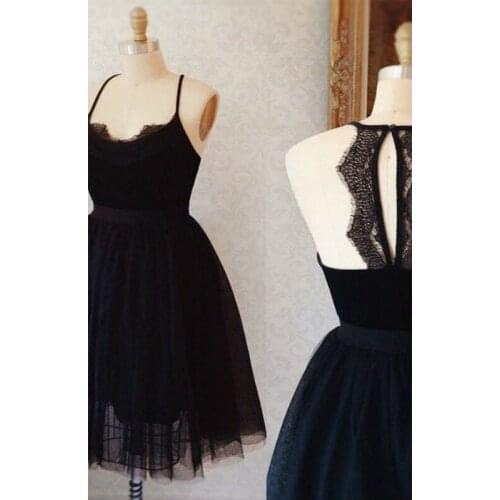 Black Short A Line Homecoming Dresses 2021 Spaghetti Strap Sleeveless Knee Length Tulle Beautiful Back Prom Party Gown