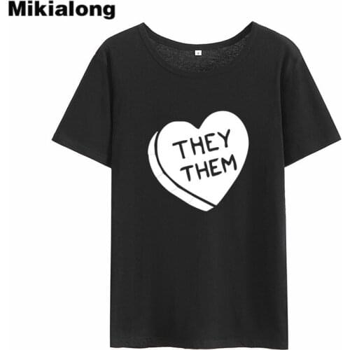 MIkialong They Them Heart T Shirt Women 2018 Black White Cotton Basic Women Tshirt Top Kawaii Graphic Camisetas Mujer